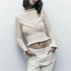 Zara Pointelle Knit Ruffled Sweater